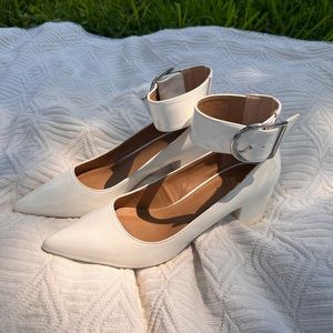 White patent leather pointy toe ankle strap block heel